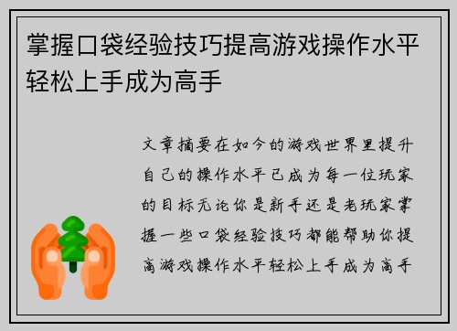 掌握口袋经验技巧提高游戏操作水平轻松上手成为高手