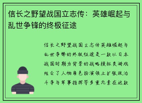 信长之野望战国立志传：英雄崛起与乱世争锋的终极征途